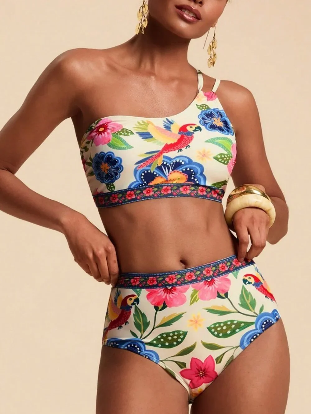 Multicolor Casual Women's Floral Print Asymmetric Neckline Two-Piece Bikini Set